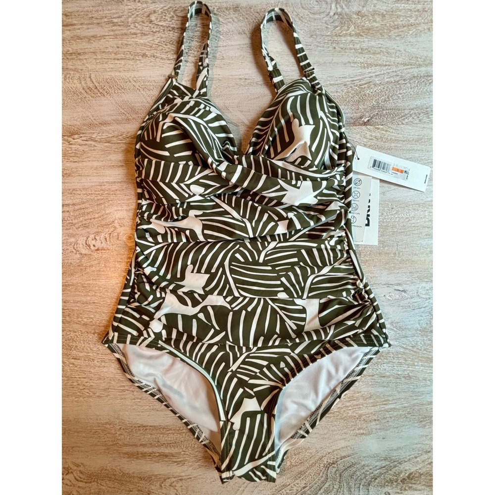 DKNY Small One Piece Swimsuit Womens Olive Green Tropical Palm Leaf Ruched - Picture 2 of 6